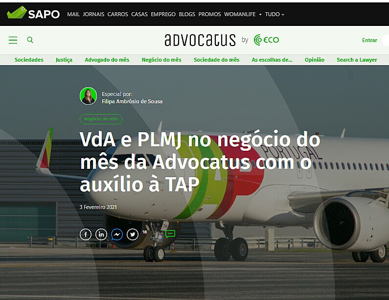 VdA e PLMJ no negcio do ms da Advocatus com o auxlio  TAP